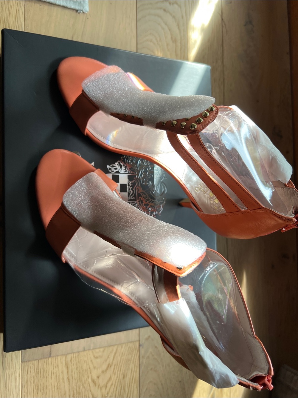Vince Camuto Coral Orange Studded T-Strap Heeled Sandals